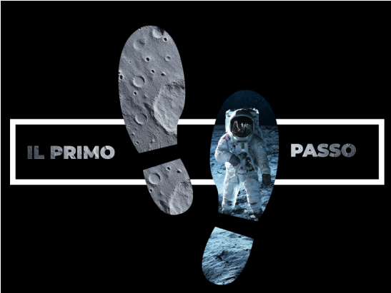 Expo Scuola 2025 - Il primo passo l'immagine ha due impronte con dentro raffigurati il suolo lunare e un astronauta