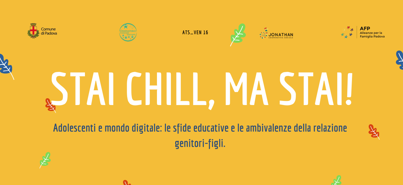 banner, sfondo giallo con titolo dell'evento in bianco. loghi dell'iniziativa e motivi a foglia decorativi