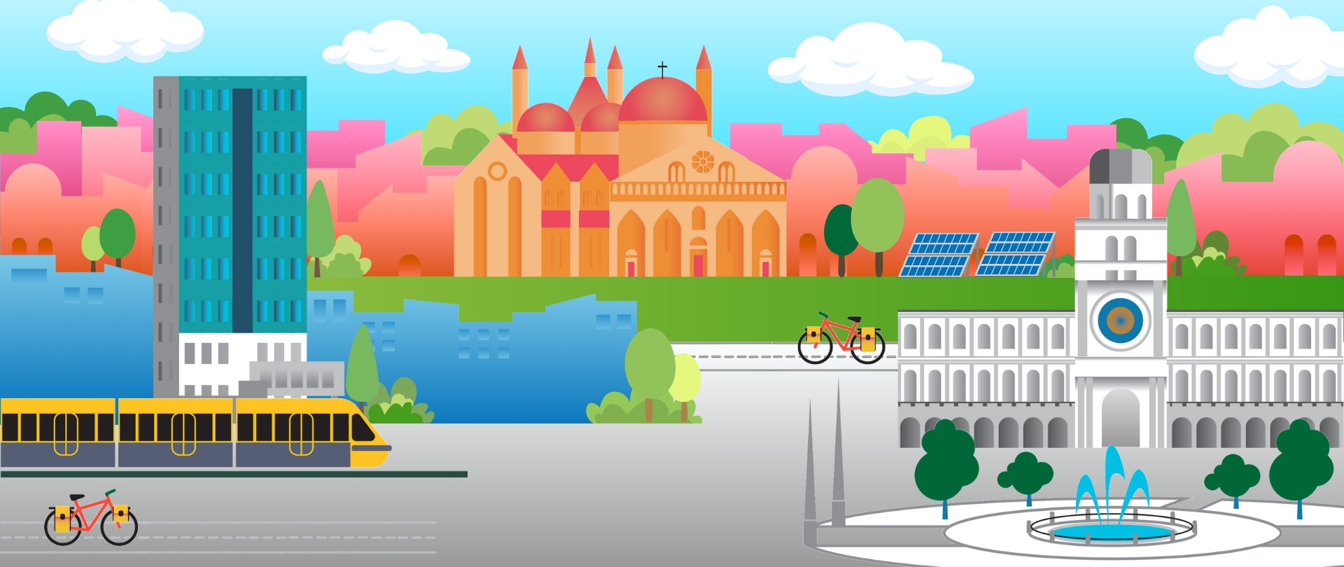 Illustrazione di alcuni elementi architettonici della città di Padova, tra cui: la torre dell'orologio, il tram, la basilica del Santo e una fontana