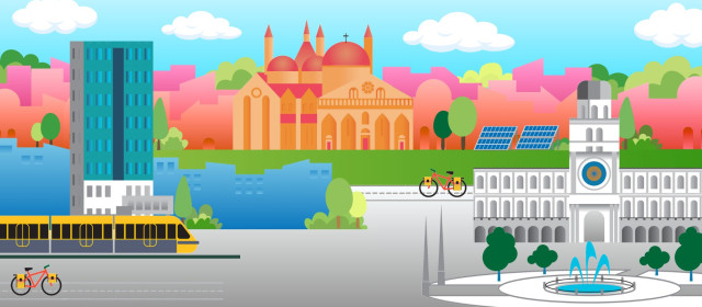 Illustrazione di alcuni elementi architettonici della città di Padova, tra cui: la torre dell'orologio, il tram, la basilica del Santo e una fontana